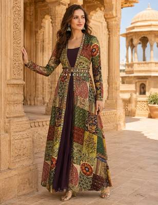brown printed faux georgette anarkali salwar suit - free size 1