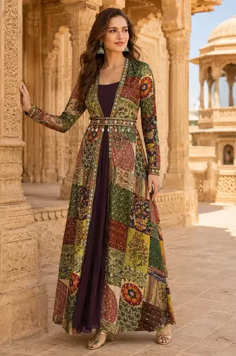 brown printed faux georgette anarkali salwar suit - free size