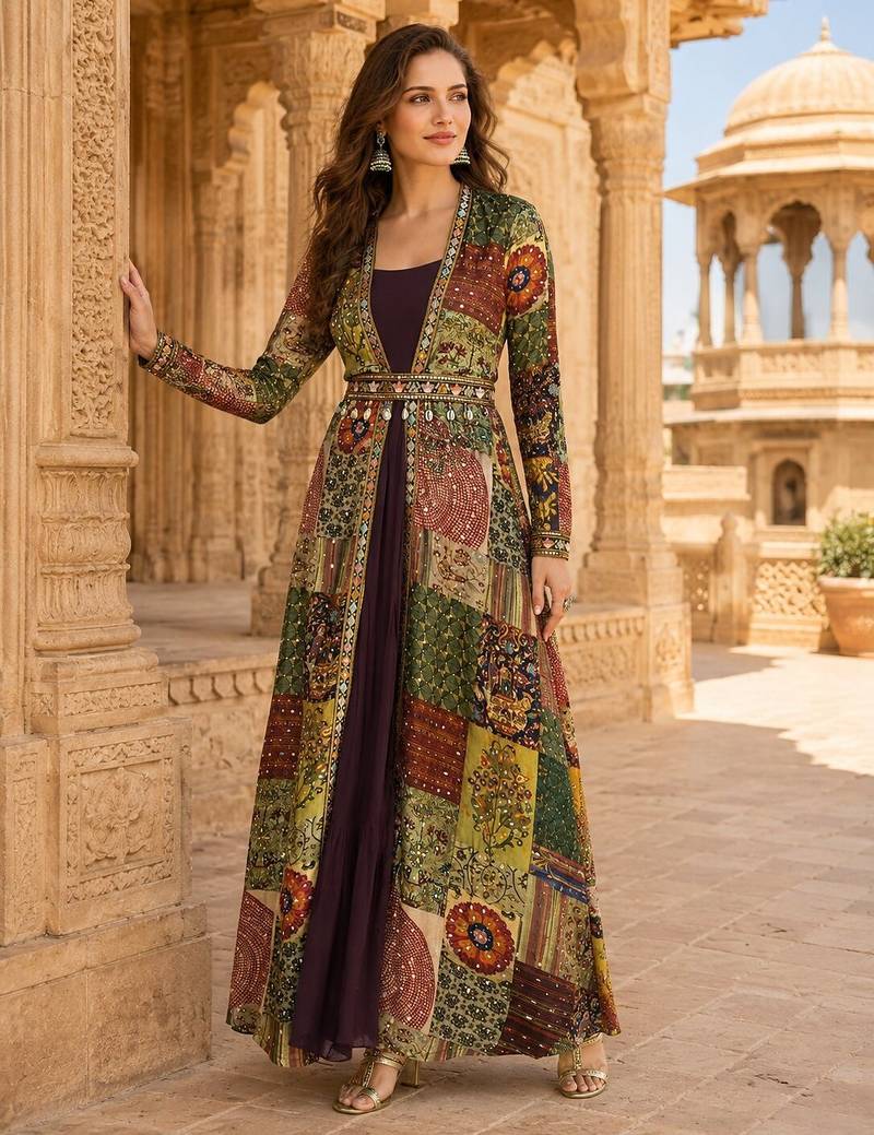 brown printed faux georgette anarkali salwar suit - free size