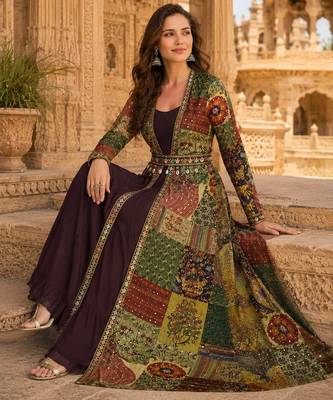 brown printed faux georgette anarkali salwar suit - free size 2