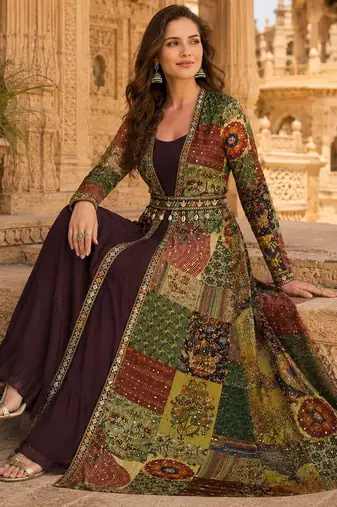 brown printed faux georgette anarkali salwar suit - free size