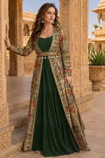 dark green printed faux georgette anarkali salwar suit - free size