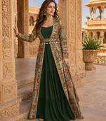 dark green printed faux georgette anarkali salwar suit - free size