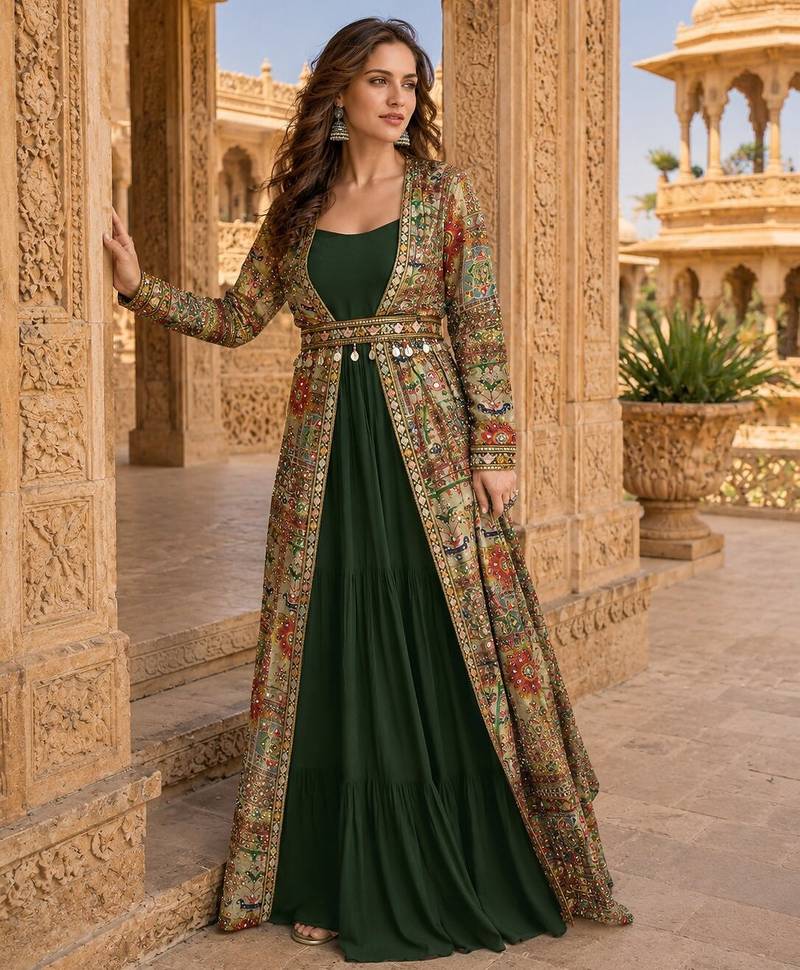 dark green printed faux georgette anarkali salwar suit - free size