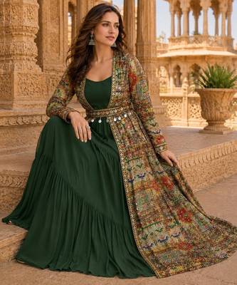 dark green printed faux georgette anarkali salwar suit - free size 2