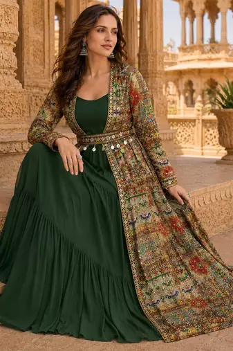 dark green printed faux georgette anarkali salwar suit - free size