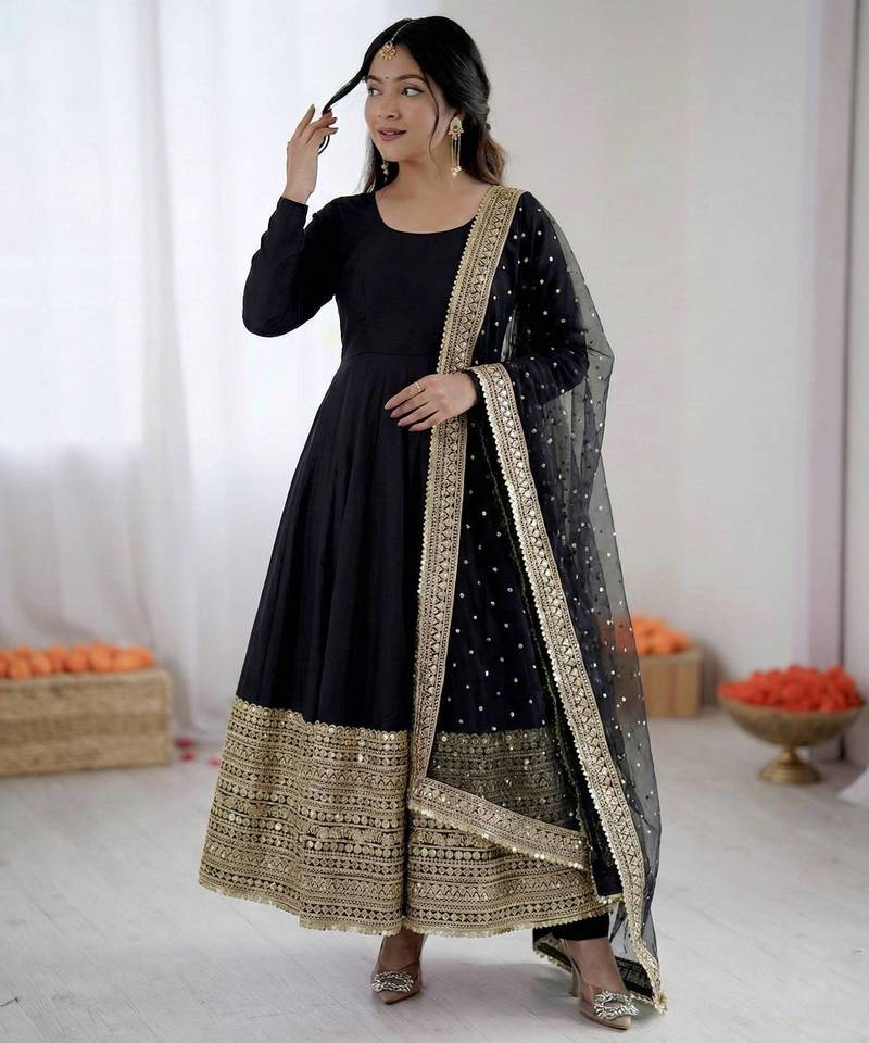 black silk blend anarkali gown with dupatta & bottom