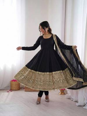 Black roman silk anarkali gown with dupatta & bottom 2
