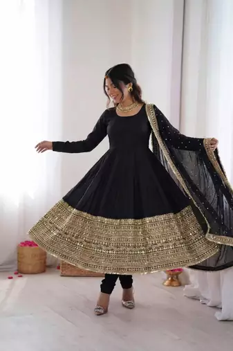 Black roman silk anarkali gown with dupatta & bottom