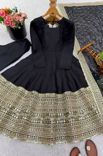 Black roman silk anarkali gown with dupatta & bottom