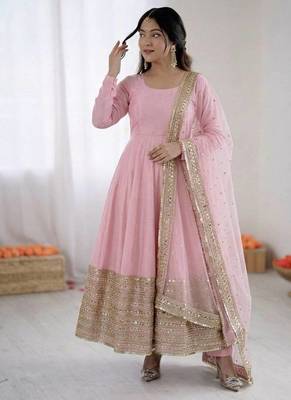 Pink roman silk anarkali gown with dupatta & bottom 1