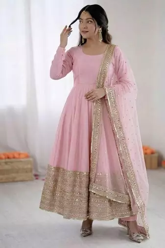 Pink roman silk anarkali gown with dupatta & bottom