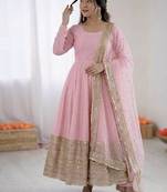 pink silk blend anarkali gown with dupatta & bottom