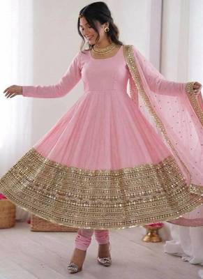Pink roman silk anarkali gown with dupatta & bottom 2