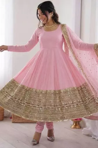 Pink roman silk anarkali gown with dupatta & bottom