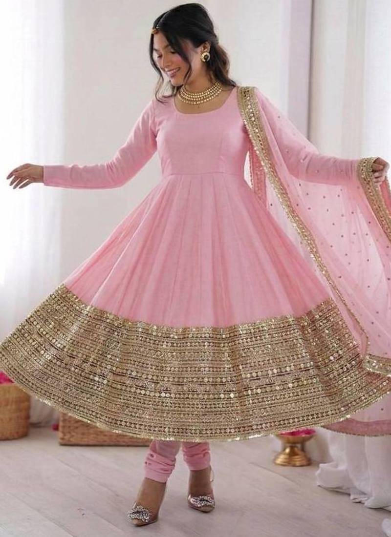 pink silk blend anarkali gown with dupatta & bottom