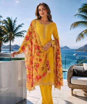 yellow digital print chiffon silk blend salwar suit 1