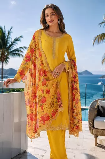 yellow digital print chiffon silk blend salwar suit