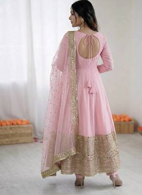 Pink roman silk anarkali gown with dupatta & bottom 3