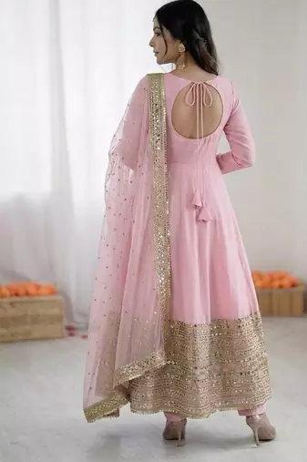 Pink roman silk anarkali gown with dupatta & bottom