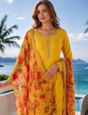 yellow digital print chiffon silk blend salwar suit 2