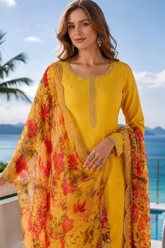 yellow digital print chiffon silk blend salwar suit