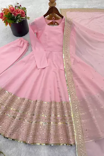 Pink roman silk anarkali gown with dupatta & bottom
