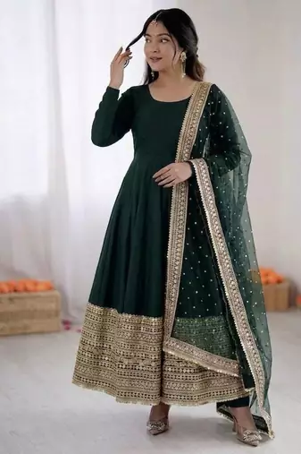 Green roman silk anarkali gown with dupatta & bottom