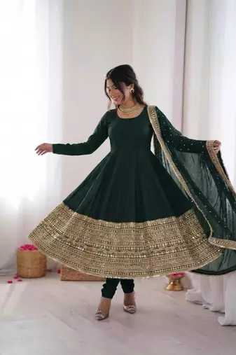 Green roman silk anarkali gown with dupatta & bottom