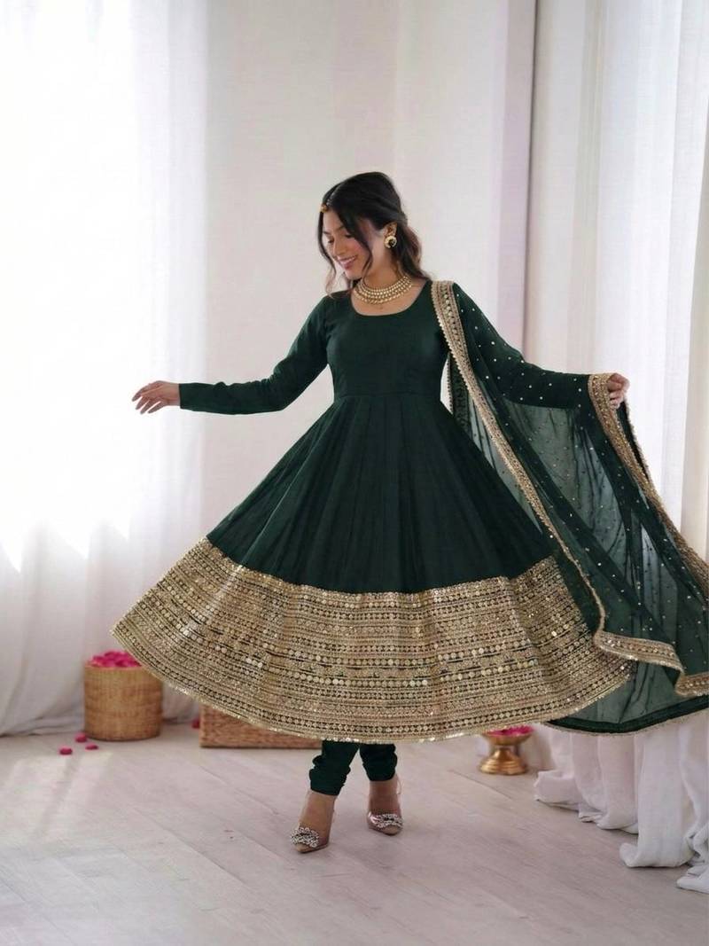 green silk blend anarkali gown with dupatta & bottom