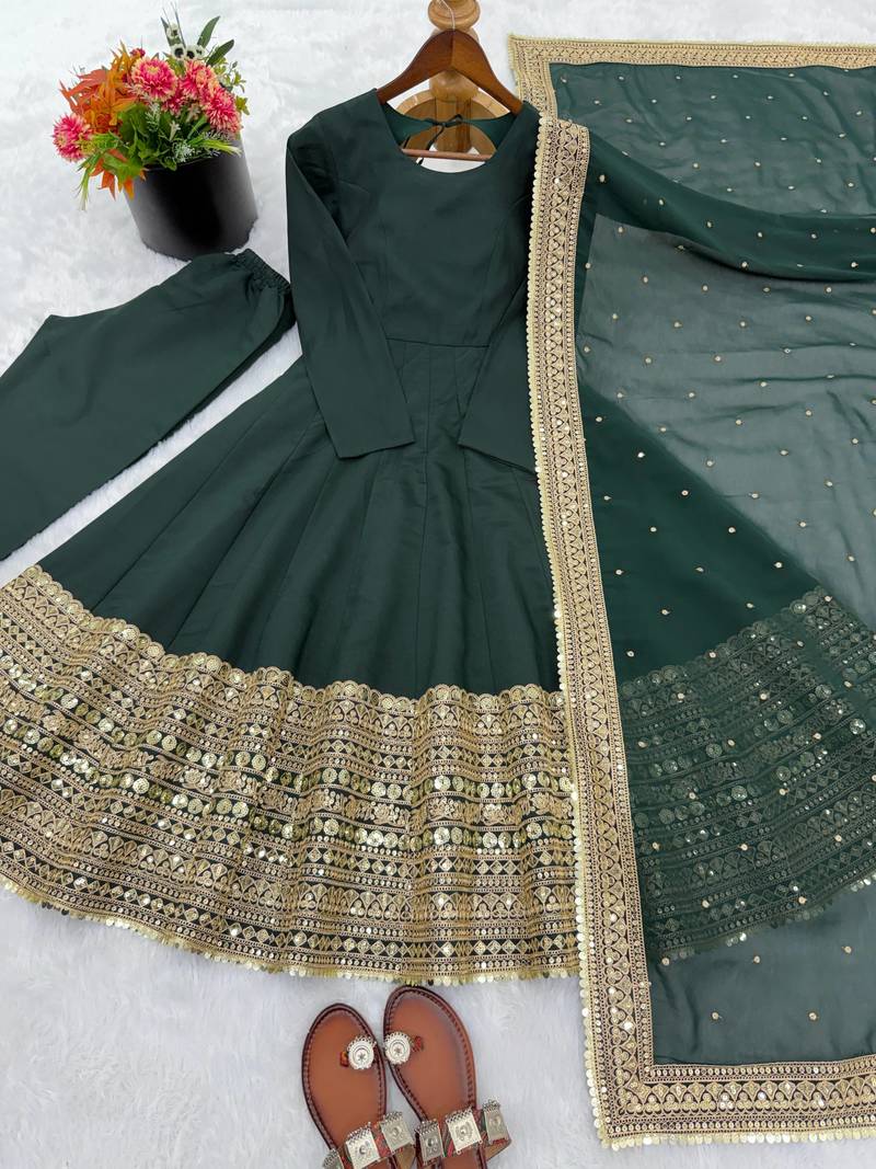 green silk blend anarkali gown with dupatta & bottom
