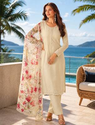 beige digital print chiffon silk blend salwar suit 1