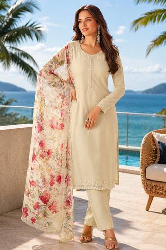 beige digital print chiffon silk blend salwar suit