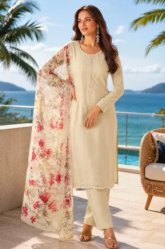 beige digital print chiffon silk blend salwar suit