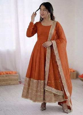 Orange roman silk anarkali gown with dupatta & bottom 1