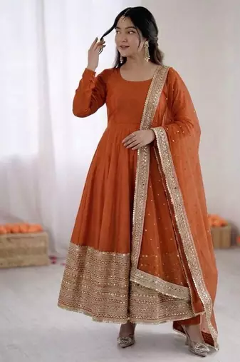 Orange roman silk anarkali gown with dupatta & bottom