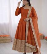 orange silk blend anarkali gown with dupatta & bottom