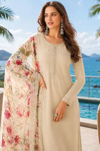 beige digital print chiffon silk blend salwar suit