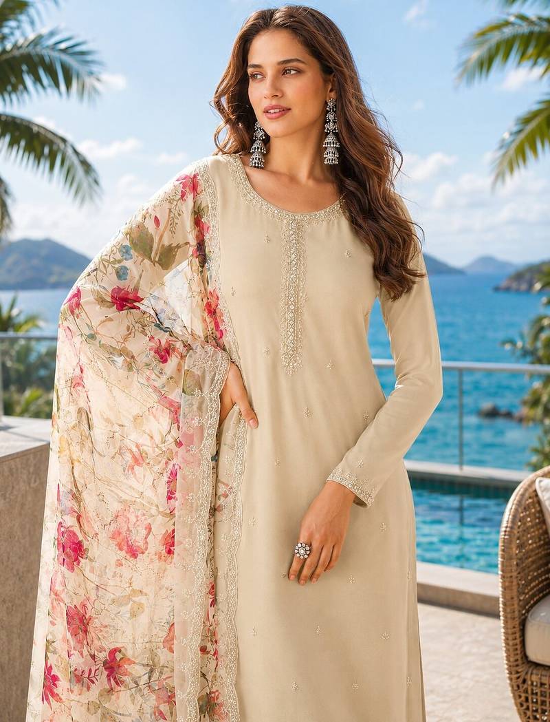 beige digital print chiffon silk blend salwar suit