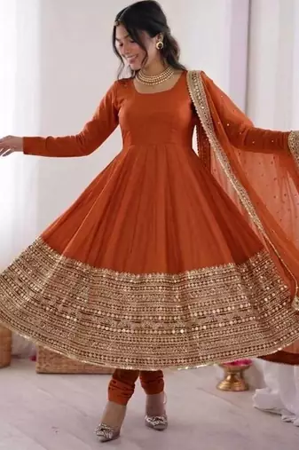 Orange roman silk anarkali gown with dupatta & bottom