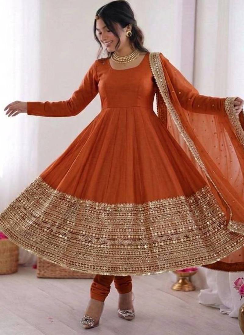 orange silk blend anarkali gown with dupatta & bottom