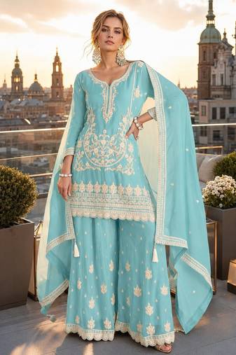 sky blue embroidered silk blend salwar suit - free size