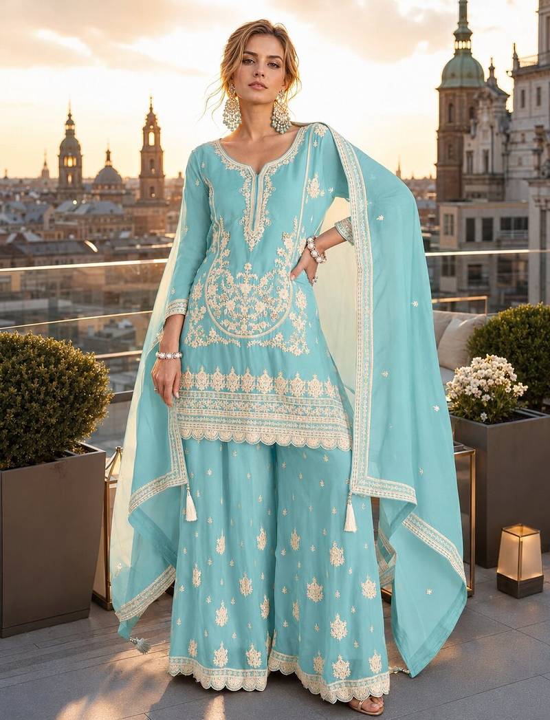sky blue embroidered silk blend salwar suit - free size