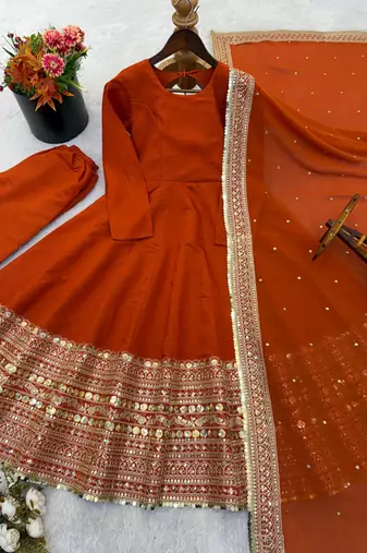 Orange roman silk anarkali gown with dupatta & bottom