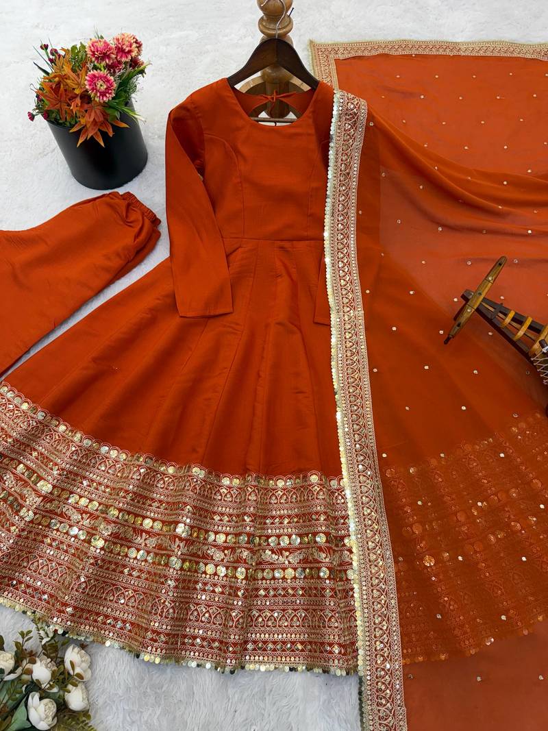 orange silk blend anarkali gown with dupatta & bottom