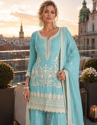sky blue embroidered silk blend salwar suit - free size 2