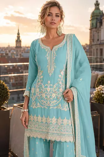 sky blue embroidered silk blend salwar suit - free size