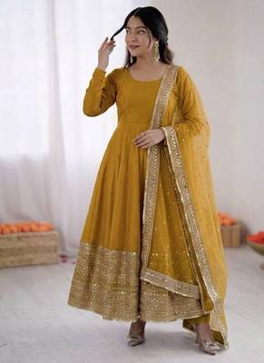 Yellow roman silk anarkali gown with dupatta & bottom 1