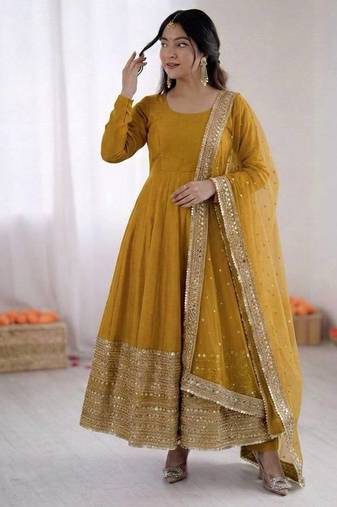 Yellow roman silk anarkali gown with dupatta & bottom
