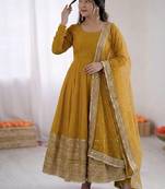yellow silk blend anarkali gown with dupatta & bottom